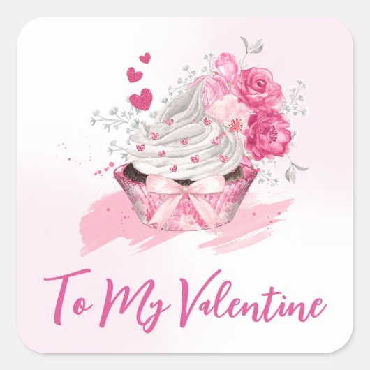 水彩花、ハート、カップケーキバレンタイン スクエアシール (正面)