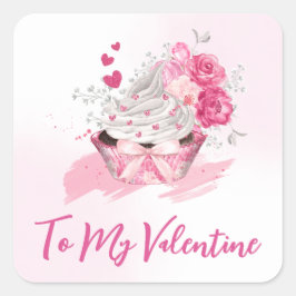 水彩花、ハート、カップケーキバレンタイン スクエアシール