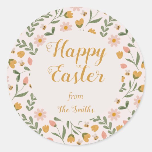 水彩花&ミツバチ春イースターステッカー ラウンドシール (正面)