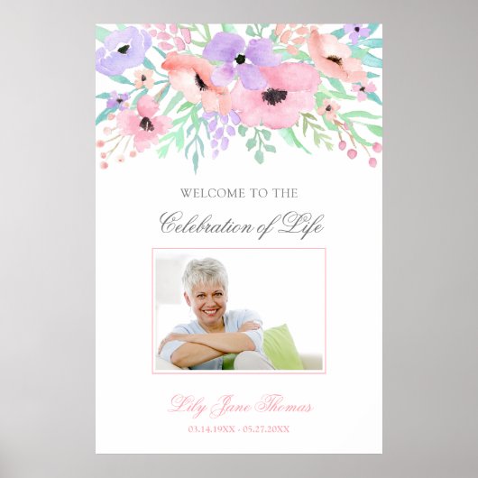 水彩花 モノクロ 葬儀 歓迎 サイン - 24 x 36 (正面)