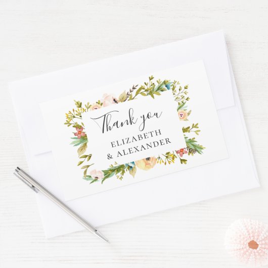 水彩花。夏の結婚フローラの感謝していあなた 長方形シール (封筒)