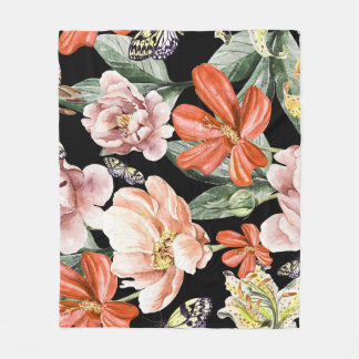 水彩花：牡丹バラユリ フリースブランケット