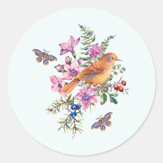 水彩花、鳥、蝶 ラウンドシール (正面)