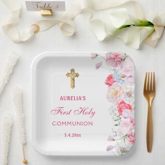 水彩花First Communion ペーパープレート (ウェディング)