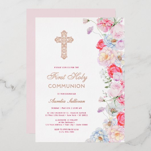 水彩花First Communion 箔招待状 (正面/裏面)