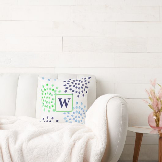 水彩花Mumsネイビーグリーンブルーモノグラム クッション (ソファ)