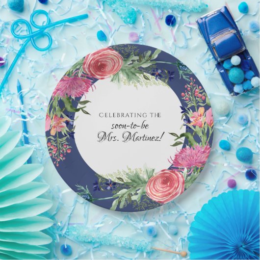 水彩英語ガーデンバラピンクnネイビーフローラ ペーパープレート (パーティー)