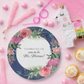 水彩英語ガーデンバラピンクnネイビーフローラ ペーパープレート (パーティー)