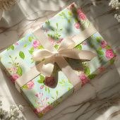 水彩英語バラフローラオンブルー ラッピングペーパー