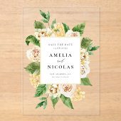 水彩英語バラフローラフレーム日付を保存 アクリル招待状 (正面)