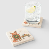水彩茶とマカロンを持つキツネさん ストーンコースター (横)