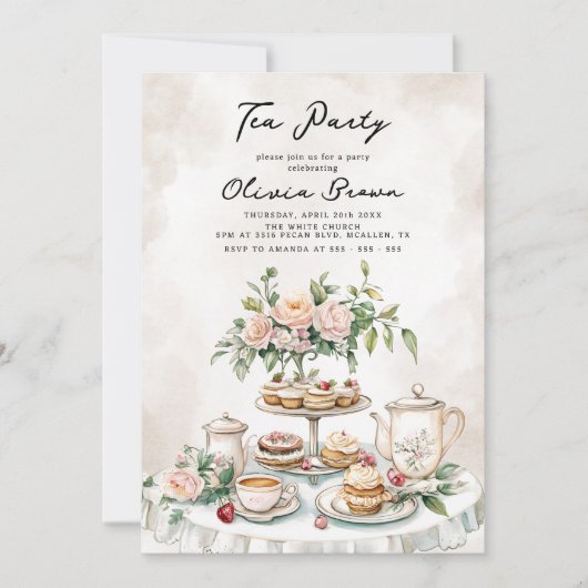 水彩茶エレガントパーティー誕生日 招待状 (正面)