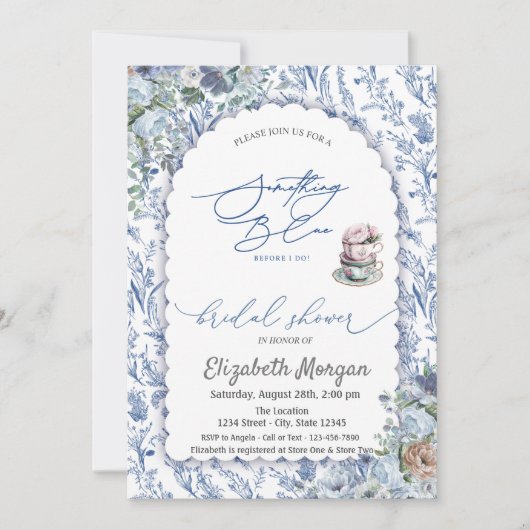 水彩茶カップブルーワイルドフラワーブライダルシャワー 招待状 (正面)