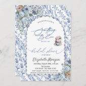 水彩茶カップブルーワイルドフラワーブライダルシャワー 招待状 (正面/裏面)