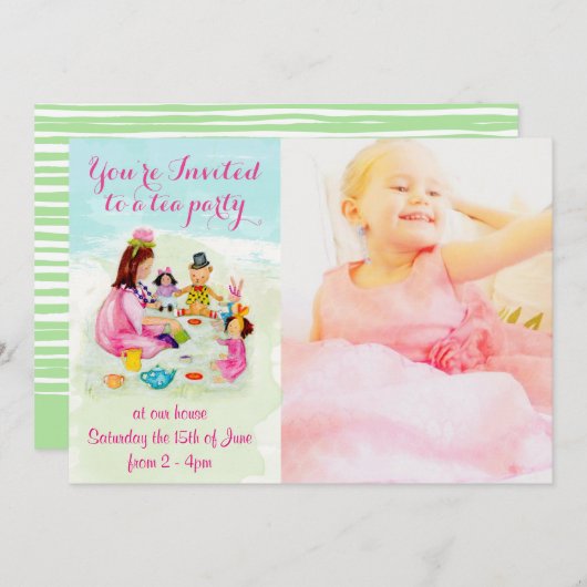 水彩茶パーティー誕生日招待状 招待状 (正面/裏面)