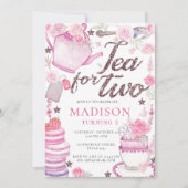 水彩茶パーティー2nd誕生日グリッター 招待状 (正面)
