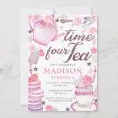 水彩茶パーティー4th誕生日グリッター 招待状 (正面)