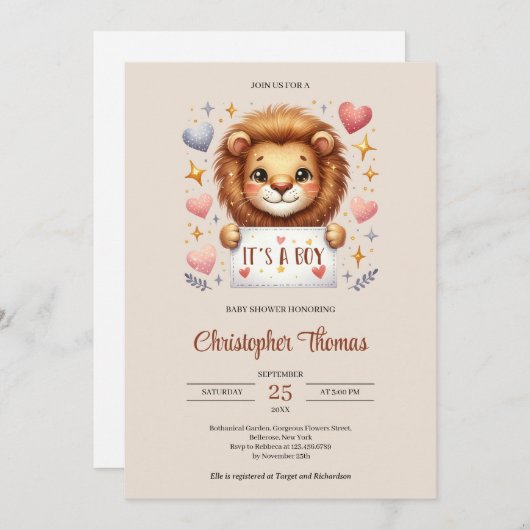 水彩茶色とアイボリーかわいいベビーライオン 招待状 (正面/裏面)