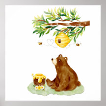 水彩茶色のクマと蜂の巣の壁飾り