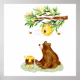 水彩茶色のクマと蜂の巣の壁飾り ポスター