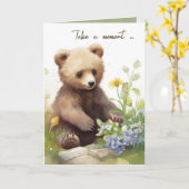 水彩茶色のクマ（花つき） カード (黄色い花)