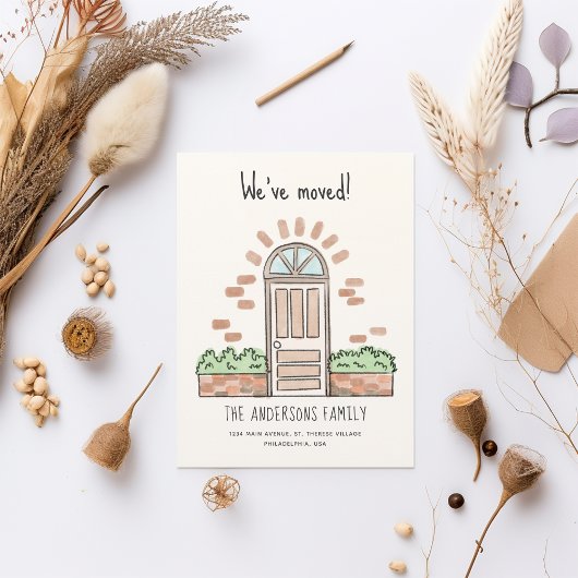 水彩茶色のドアよくはしゃぐ引っ越しました 案内ポストカード