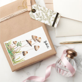 水彩茶色の森のキノコ 長方形シール