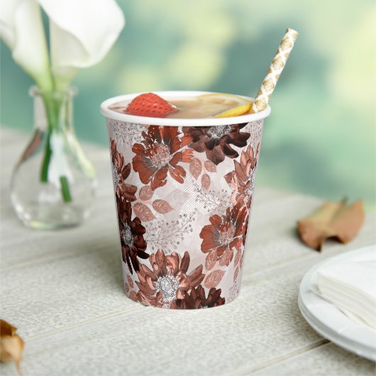 水彩茶色の灰色の花の模様。 紙コップ (インサイチュ)