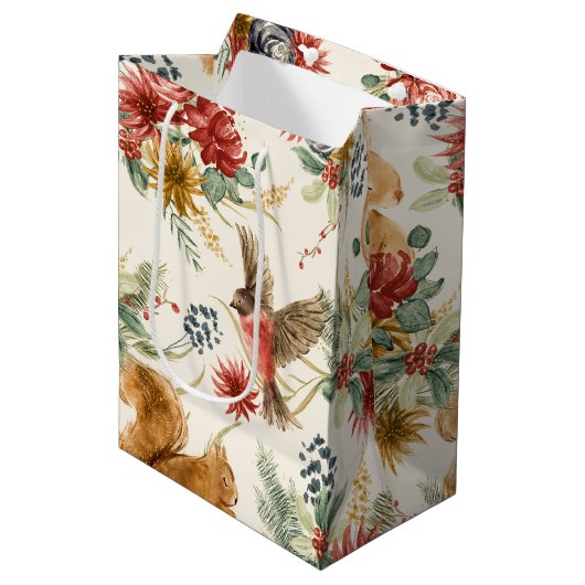 水彩茶色ピンクのウッドランド動物のパターン ミディアムペーパーバッグ (正面アングル)