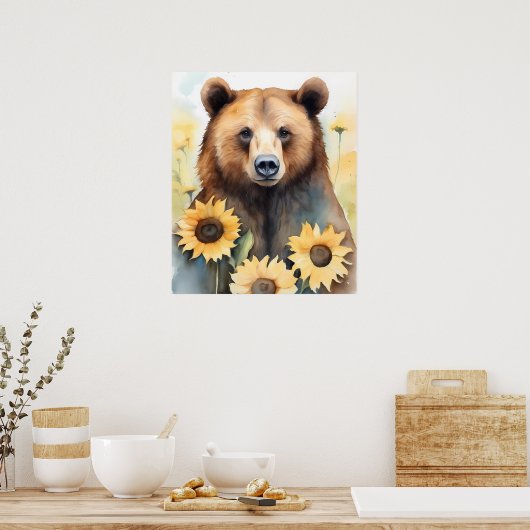 水彩茶色絵を描のクマとヒマワリ ポスター (キッチン)