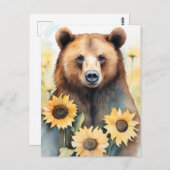 水彩茶色絵を描のクマとヒマワリ ポストカード (正面/裏面)