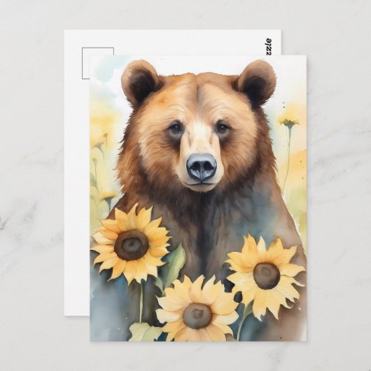 水彩茶色絵を描のクマとヒマワリ ポストカード (正面/裏面)