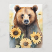 水彩茶色絵を描のクマとヒマワリ ポストカード (正面)