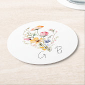 水彩草花モノグラム結婚ズ ラウンドペーパーコースター (アングル)