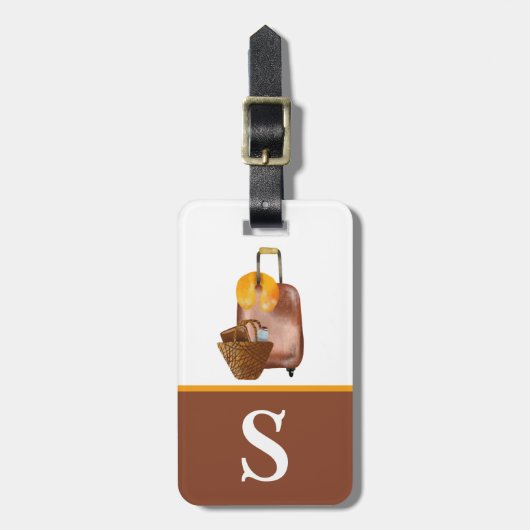 水彩荷物、ブラウン、イエローキッドのイニシャル ラゲッジタグ (正面縦)