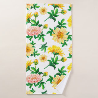 水彩菊黄色の花(グレ) バスタオル
