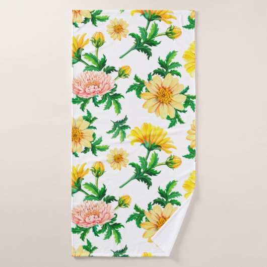 水彩菊黄色の花（グレ） バスタオル (バスタオル)