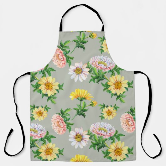 水彩菊、シームレスな花柄 エプロン (正面)