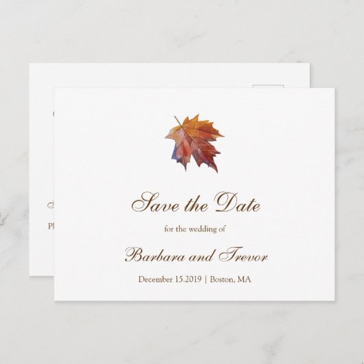 水彩落ち葉の秋の結婚式保存日付 案内ポストカード (正面/裏面)