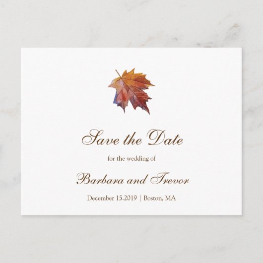 水彩落ち葉の秋の結婚式保存日付 案内ポストカード (正面)