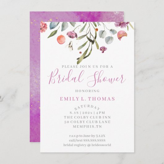 水彩落花ブライダルシャワーパープルイン 招待状 (正面/裏面)