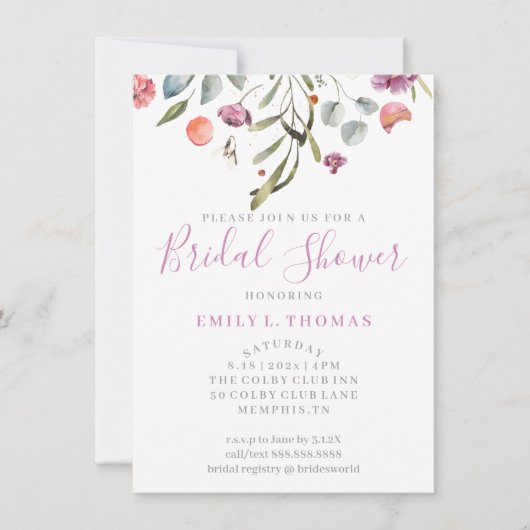 水彩落花ブライダルシャワーパープルイン 招待状 (正面)