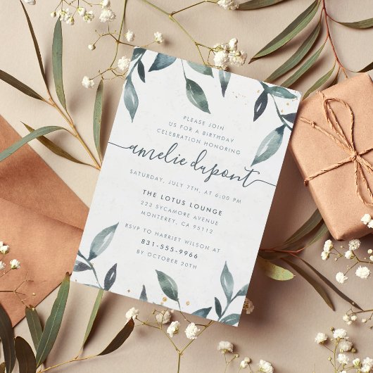 水彩葉とスクリプト |誕生日カスタムパーティー 招待状