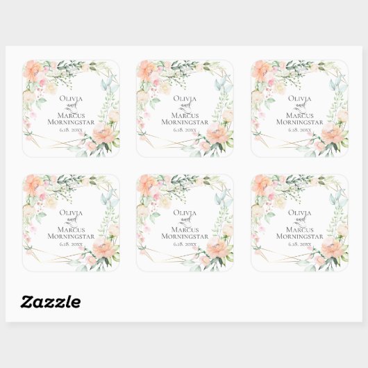 水彩葉と珊瑚とアイボリーの花 スクエアシール (シート)