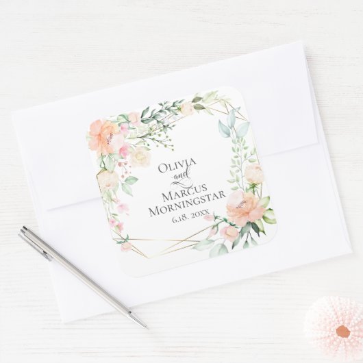 水彩葉と珊瑚とアイボリーの花 スクエアシール (封筒)