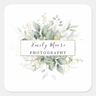 水彩葉と金ゴールドの葉の緑の芸術 スクエアシール