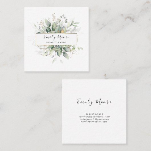 水彩葉と金ゴールドの葉の緑の芸術 スクエア名刺 (正面/裏面)