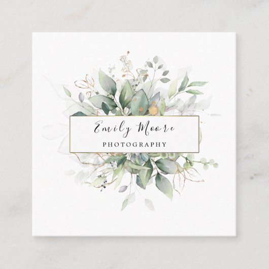 水彩葉と金ゴールドの葉の緑の芸術 スクエア名刺 (正面)