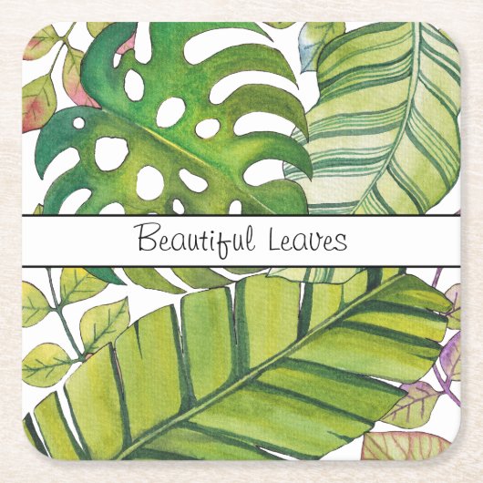水彩葉の可愛い熱帯 スクエアペーパーコースター (正面)