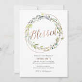 水彩葉の、緑、バラ金ゴールド、洗礼 招待状 (正面)